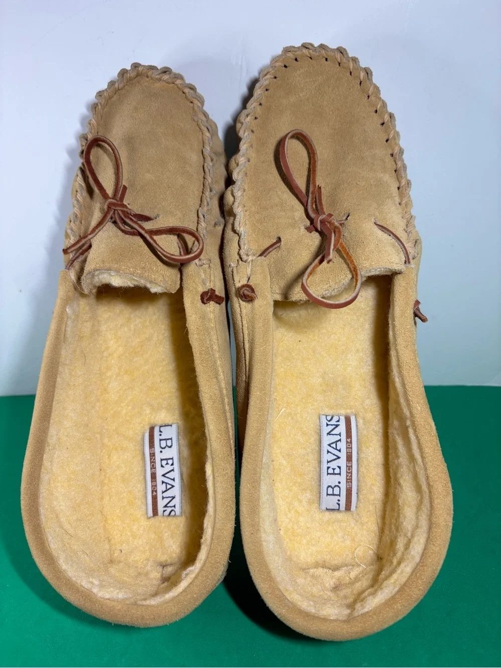 L.B. Evans Men's Suede Moccasin Slippers in Yellow Tan w/Brown Laces-Size 14EEE